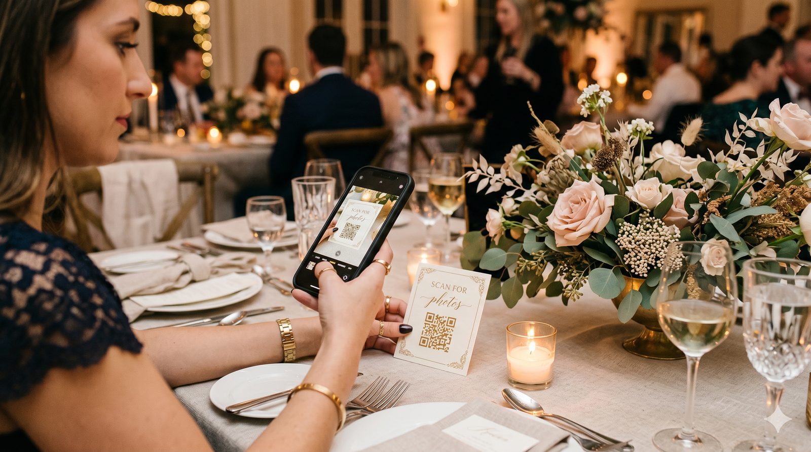 Wedding guest scanning a QR code on a table card to upload photos