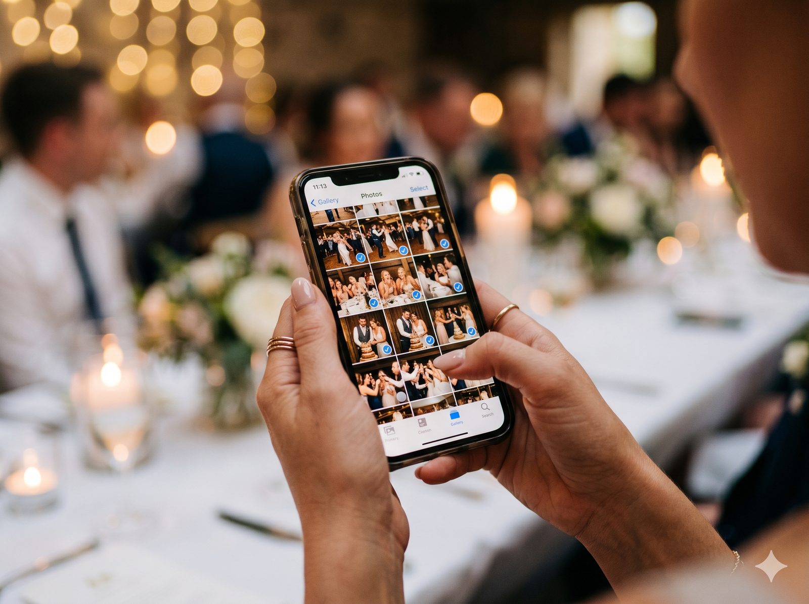 Close-up of hands selecting wedding photos on a smartphone to upload