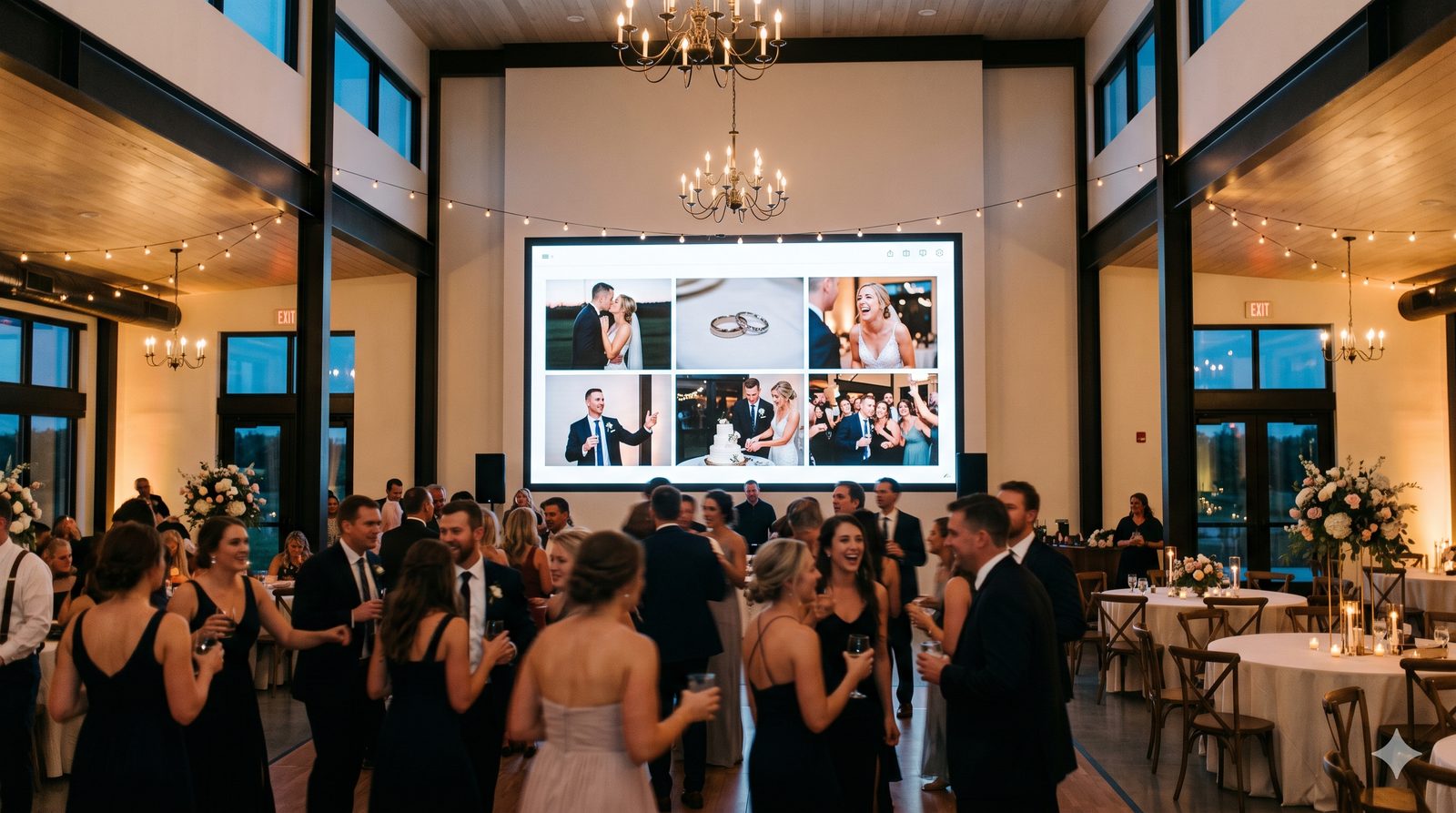 Live photo wall displayed on a screen at a wedding venue with guest photos cycling in real time